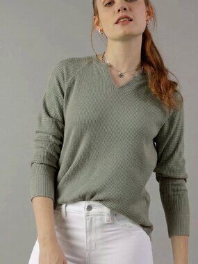 American Eagle Long-Sleeve Waffle Plush Notch Neck Tee
